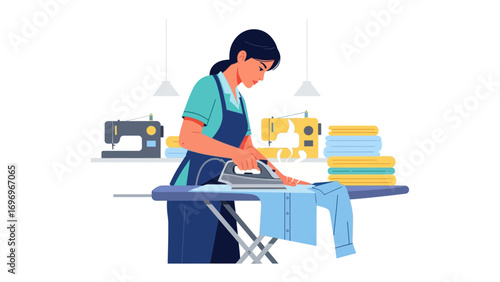Ironing the Fabric of Detail: A skilled seamstress meticulously irons a garment with precision and care, ensuring a flawless finish.