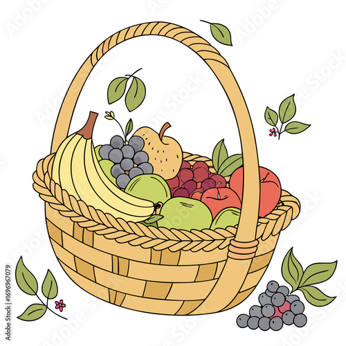 Abundant woven basket overflows with vibrant, fresh fruits including bananas, grapes, apples, and pears perfect for healthy eating inspiration.