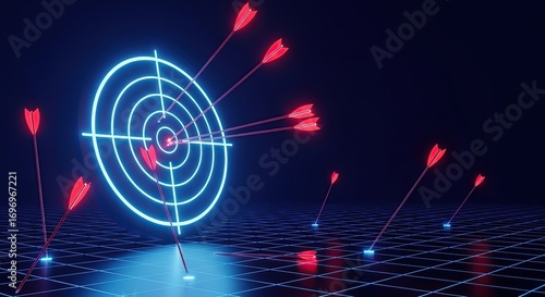 Neon target with arrows missing the bullseye in a digital landscape