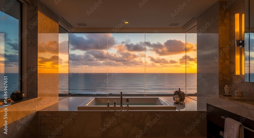 Fototapeta premium Coastal Sunrise Bathtub View - Modern Luxury Bathroom Panorama.