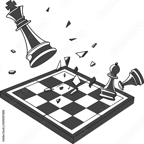 Strategic business concepts are played out on a chessboard with 3D king and queen pieces poised for a decisive checkmate