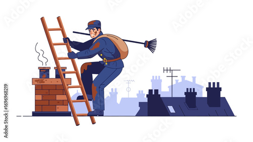 Chimney Sweep Ascending: A chimney sweep, the iconic image of hard work and tradition, scales a wooden ladder towards a row of smoking chimneys, a testament to his dedication and skill.
