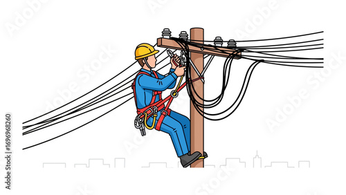 Power Line Worker: A dedicated lineman wearing protective gear works atop a utility pole, meticulously repairing power lines, symbolizing reliability and vital infrastructure maintenance.