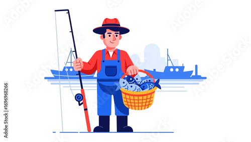 Fishing Illustration: A dedicated angler, complete with a fishing rod, stands proudly, basket overflowing with his abundant catch near the ocean, celebrating the triumph of a day spent on the water.