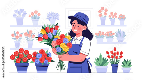 Fresh Bloom: A delightful florist, meticulously arranging a vibrant bouquet within a charming flower shop, a true testament to the art of floral design.