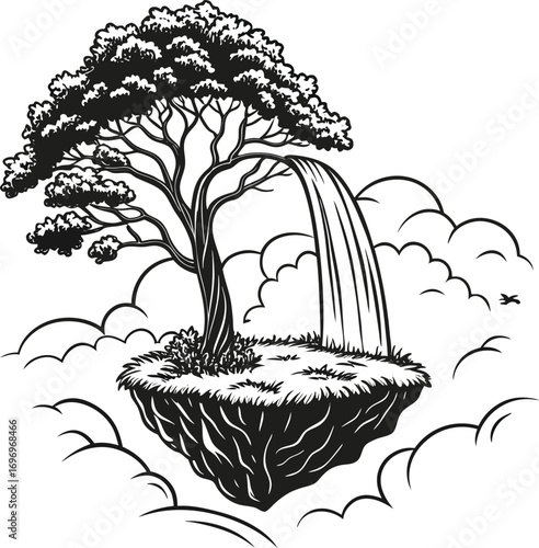 A vibrant vector drawing of a palm tree silhouette by the sea with a potted plant on a summer afternoon