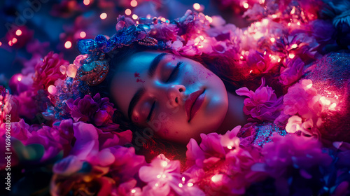Enchanting dreamscape of serene woman resting amidst vibrant floral bed adorned with glowing fairy lights under mystical twilight glow