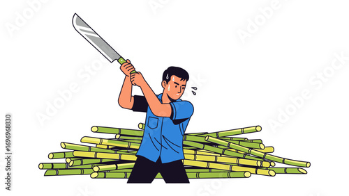 Cane Cutting Work: A person diligently cuts cane stalks with a machete, sweat glistening on their brow as they work relentlessly