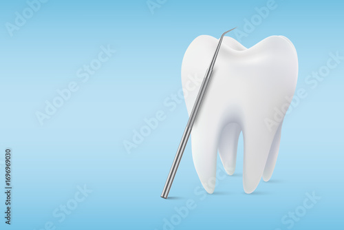 Tooth white, 3D illustration of a tooth, healthy glowing tooth. Shield around white tooth. Dental care, protection and whitening. Vector illustration