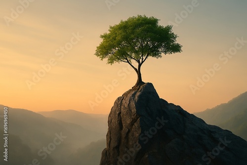 Lone tree on a cliff edge overlooking a mountain valley