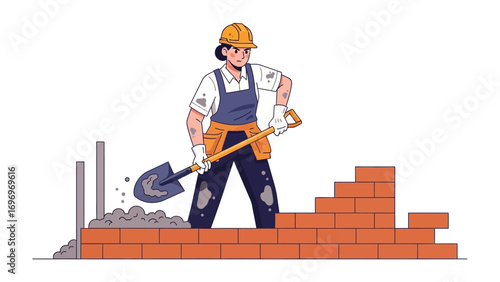 Construction worker in progress: An illustrated image showing a determined female construction worker building a brick wall, representing strength and diligence.