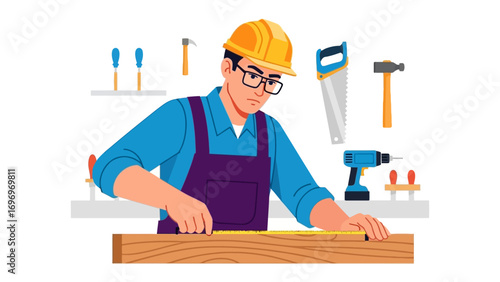 Craftsman's Precision: A focused craftsman meticulously measures a wooden plank, surrounded by tools of his trade, emphasizing skill and craftsmanship.