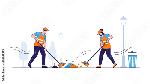 Urban Cleaning Crew: Two dedicated sanitation workers sweep the streets, showcasing the commitment to cleanliness and public health, highlighting urban maintenance. 