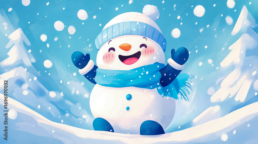 Obraz premium Adorable and joyful cartoon snowman wearing blue hat, scarf, and mittens, gleefully raising its arms amidst magical falling snow winter landscape with frosted trees and soft snowy hills.