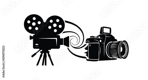 Vintage film camera transitions into a modern DSLR, symbolizing evolution of media creation.