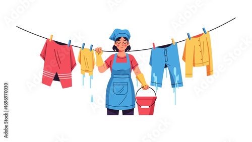 Laundry Day: A woman, clad in a blue apron and gloves, delicately hangs freshly washed clothing on a clothesline under the sun.