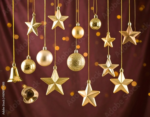 Elegant golden christmas ornaments dangling against a dark background