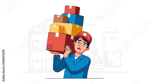 Burden of Logistics: A weary worker strains under the weight of stacked boxes, embodying the demanding realities of distribution and delivery, a modern depiction of labor and logistics challenges.