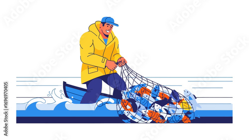 The Fisherman's Bounty: A determined fisherman on a small boat pulls a filled fishing net of lively fish, a testament to his hard work and maritime life. 