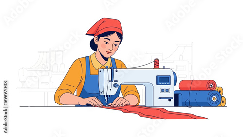 Artisan at Work: A focused artisan, donning a vibrant headscarf, expertly operates a sewing machine, meticulously crafting with textiles.