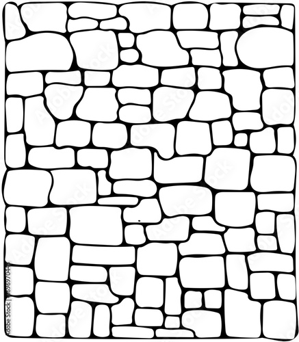 Black and white illustration of a stone wall with irregularly shaped rocks.