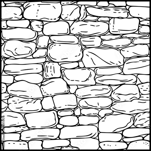 Detailed black and white illustration of a stone wall, showing various sized stones.