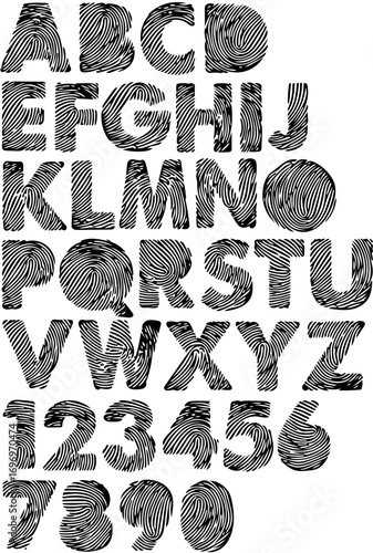 Textual alphabet and numbers with textured, swirling design.