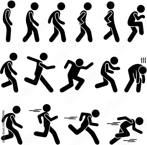 A collection of simple stick figures depicting various human movements, from walking to running and collapsing.