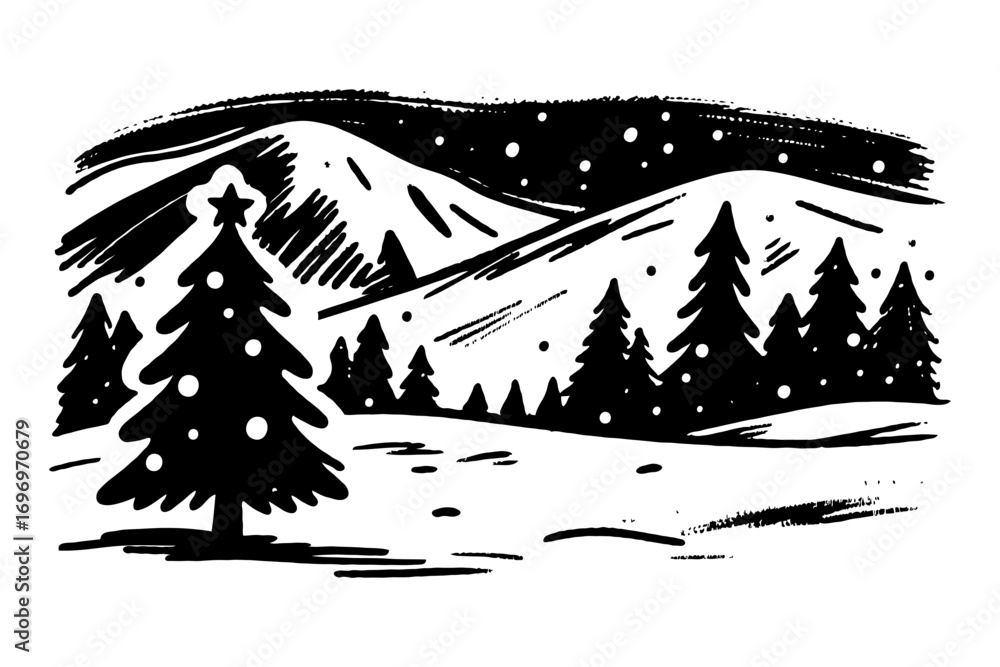 Fototapeta premium Snowy mountain forest with Christmas trees in monochrome ink style artwork.