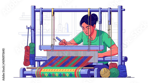 Weaving Master: An artisan meticulously weaves a vibrant textile on a traditional loom, engrossed in their craft. The scene is captured with artistic flair and detail.