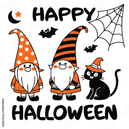 Cartoon gnomes and black cat conjure spooky Halloween magic with bats and cobweb