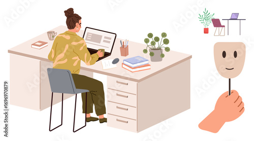 Woman at desk focusing on laptop, surrounded by books and plants, hand holding a smiling mask. Ideal for mental health, focus, work-life balance, productivity, emotional intelligence, remote work