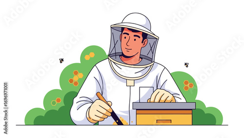 The Beekeeper at Work: A beekeeper meticulously tends to his hives in a vibrant vector illustration, embodying dedication and knowledge in the art of beekeeping.