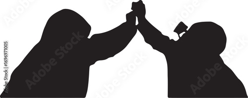 Two black silhouettes giving a high five against a white background two people celebration