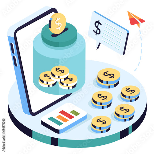 Dollar insider glass bottle, isometric design of money jar