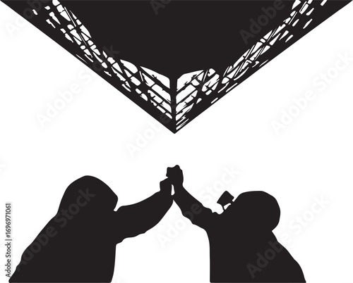 Two silhouetted figures giving each other a high five under a geometric structure two people teamwork