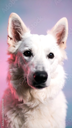 A close-up portrait of a captivating white Swiss Shepherd dog, showcasing its intelligent eyes and fluffy coat against a vibrant, pastel backdrop.