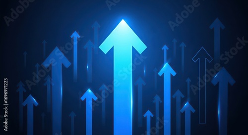 Many blue arrows pointing upwards on a dark background