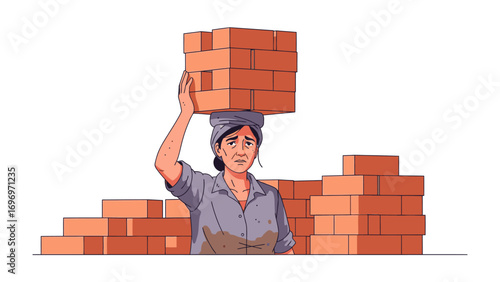 Construction Worker Carrying Bricks: A woman in a construction site confidently balances a stack of bricks on her head, showcasing strength, dedication, and resilience in her work. 