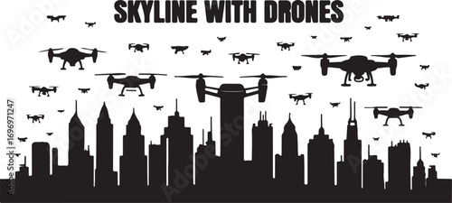 Black silhouette of a city skyline with multiple drones flying above quadcopter aerial
