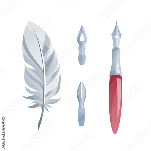 Quill, fountain pen and nibs. Vintage writing tools collection. Symbol of a poet, author, writer. Utensils in retro style for drawing and calligraphy. Clipart for postcards, invitations, scrapbooking.