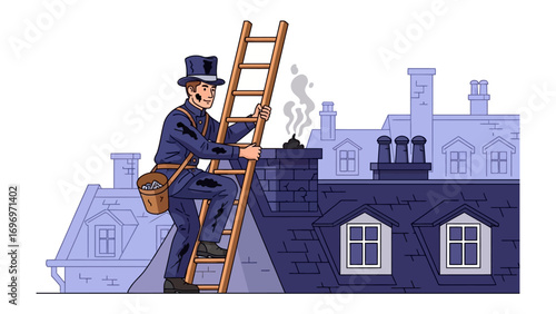 Chimney Sweep's Ascent: A traditional chimney sweep ascends a ladder toward a rooftop, ready to maintain the chimney's function.
