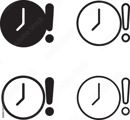 Isolated black clock icons, alarm exclamation vector icons, urgent reminder design, minimal outline time icons, black silhouette clock elements