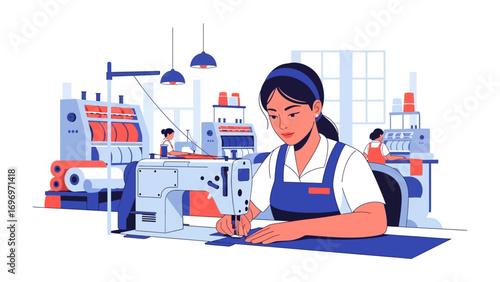 Factory Craftswoman: A skilled craftswoman diligently operates a sewing machine within a bustling factory, showcasing the precision and dedication of textile manufacturing.