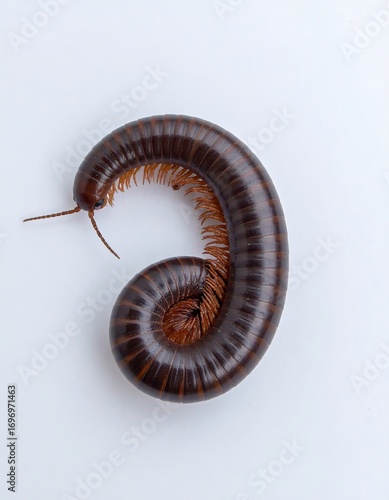 A coiled millipede, showcasing its segmented body and delicate bristles, rests on a plain white background.