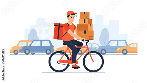 Cycle Courier's Delivery Hustle: A dedicated cycle courier navigates a bustling urban landscape, balancing a tower of parcels and a delivery backpack.