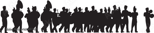 Black silhouette of a marching band with instruments and flags black and white parade