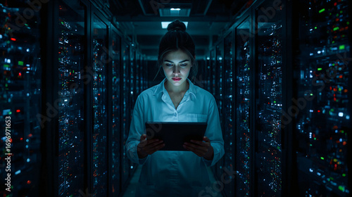 A skilled female IT engineer operates in a dark server room, managing network processing servers via a digital tablet. The glowing LED servers highlight a modern, secure, high-tech environment