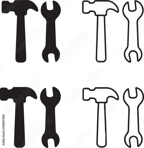 Isolated black construction icons, repair tool vector icons, hammer wrench screwdriver design, minimal workshop icons, editable black silhouette building elements