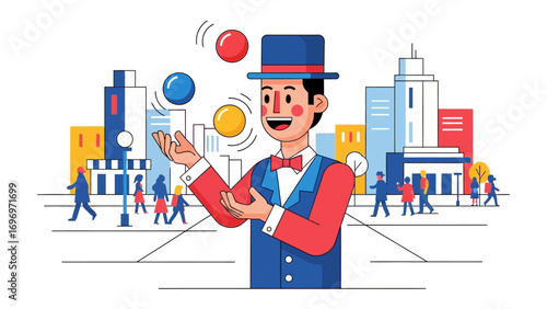 Juggler in City: A jovial juggler, donning a dapper hat, showcases his skills with colorful spheres against a vibrant city backdrop. A burst of entertainment and fun.